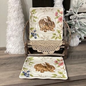 FLORAL BUNNY SQUARE CERAMIC DINNER PLATES